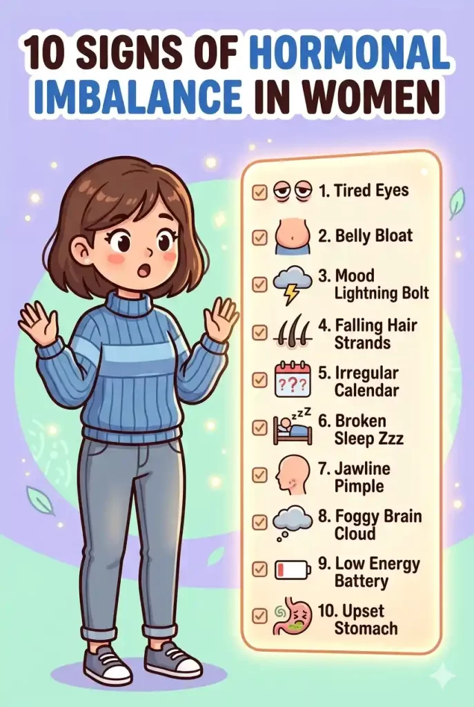 Fatigue that sleep doesn't fix. Weight gain around the belly. Mood swings that feel out of nowhere. Hair thinning. Skin breakouts on your chin and jawline. These are not random symptoms — they are a pattern, and hormones are almost always at the center of it. Full guide to the 10 most common hormonal imbalance symptoms in women, plus what to do about each one naturally.