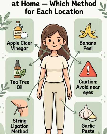 Apple cider vinegar for neck and underarm skin tags — results in 1 to 3 weeks. Tea tree oil for face skin tags — gentler, 2 to 4 weeks. The string method for larger tags that need faster removal — falls off in 3 to 10 days. Banana peel for sensitive skin and warts. Each method works differently and suits different locations. Full guide with step-by-step instructions for each method and which body area each one is safe for on the blog.
