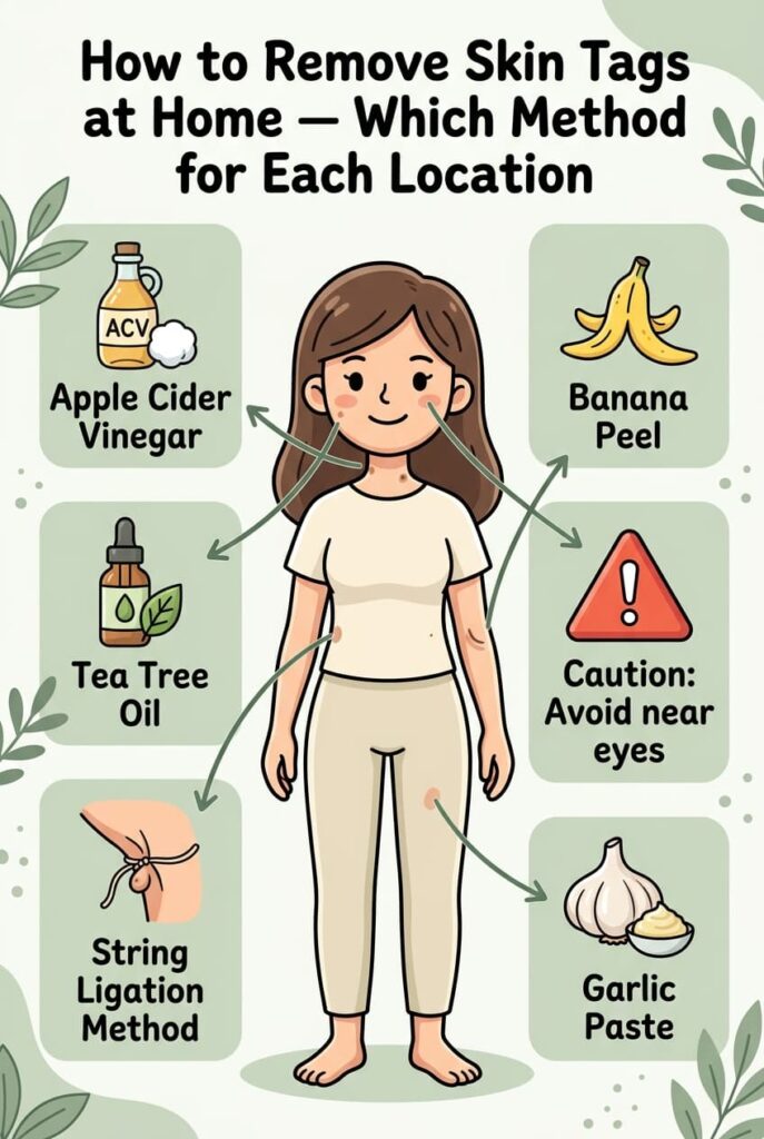 Apple cider vinegar for neck and underarm skin tags — results in 1 to 3 weeks. Tea tree oil for face skin tags — gentler, 2 to 4 weeks. The string method for larger tags that need faster removal — falls off in 3 to 10 days. Banana peel for sensitive skin and warts. Each method works differently and suits different locations. Full guide with step-by-step instructions for each method and which body area each one is safe for on the blog.