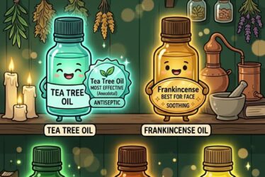 Tea tree oil is the most effective essential oil for skin tags — diluted 3 drops per teaspoon of coconut oil, applied 2 to 3 times daily, results in 2 to 4 weeks. Frankincense is gentler and best for face and areas near the eye. Oregano oil is fastest but strongest — 1 drop per teaspoon, body skin only. Clove oil for anti-inflammatory action with mild numbing. Lemon oil gentlest of all but phototoxic so use overnight only. Full guide with DIY blend recipe on the blog.