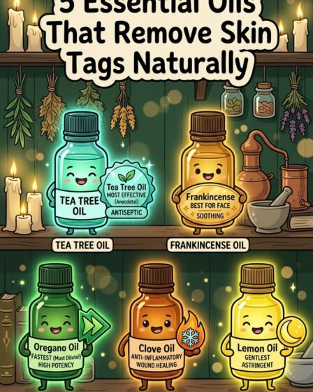 Tea tree oil is the most effective essential oil for skin tags — diluted 3 drops per teaspoon of coconut oil, applied 2 to 3 times daily, results in 2 to 4 weeks. Frankincense is gentler and best for face and areas near the eye. Oregano oil is fastest but strongest — 1 drop per teaspoon, body skin only. Clove oil for anti-inflammatory action with mild numbing. Lemon oil gentlest of all but phototoxic so use overnight only. Full guide with DIY blend recipe on the blog.