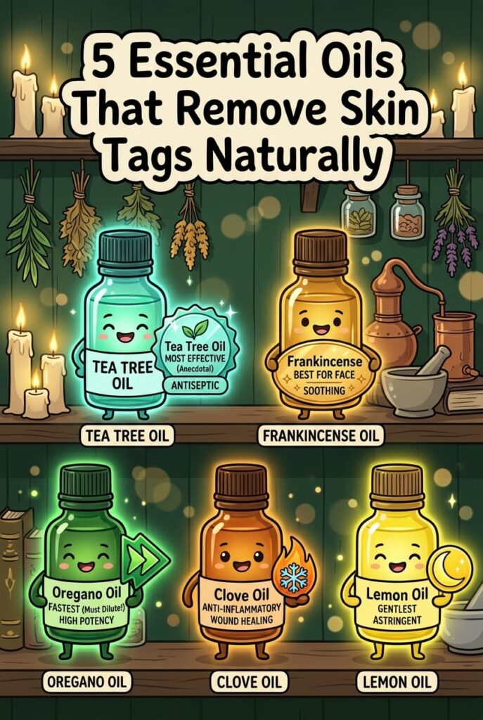Tea tree oil is the most effective essential oil for skin tags — diluted 3 drops per teaspoon of coconut oil, applied 2 to 3 times daily, results in 2 to 4 weeks. Frankincense is gentler and best for face and areas near the eye. Oregano oil is fastest but strongest — 1 drop per teaspoon, body skin only. Clove oil for anti-inflammatory action with mild numbing. Lemon oil gentlest of all but phototoxic so use overnight only. Full guide with DIY blend recipe on the blog.