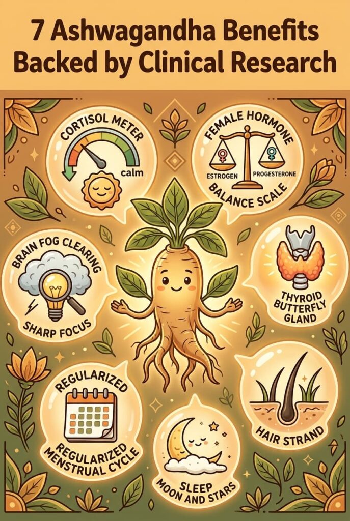 A 60-day clinical trial found ashwagandha reduced cortisol by 28 percent compared to placebo. Lower cortisol improves progesterone production, thyroid function, sleep quality, hair retention, and immune function simultaneously. All of these downstream effects are driven by the same root mechanism. This is why ashwagandha produces such a wide range of benefits from one herb. Full breakdown of all 7 research-backed benefits and how to take it on the blog.