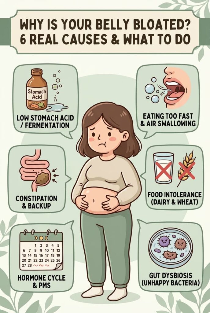 Low stomach acid is the most overlooked cause of bloating — when acid is insufficient, food ferments in the stomach producing gas, and antacids make it worse. Food intolerances cause bloating 30 to 90 minutes after eating. Hormonal bloating worsens before periods. Constipation-related bloating improves after a bowel movement. Matching the remedy to the cause is what makes the difference between temporary relief and actually fixing it.