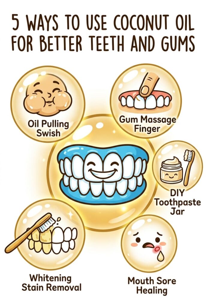 Coconut oil for teeth is not just about whitening. It reduces Streptococcus mutans — the main cavity-causing bacteria — comparably to chlorhexidine mouthwash in clinical studies. It reduces gum inflammation when massaged into the gumline. It heals mouth sores faster through its antimicrobial and anti-inflammatory fatty acids. And it whitens through surface stain removal gently over 4 to 6 weeks. Full guide to all 5 uses on the blog.