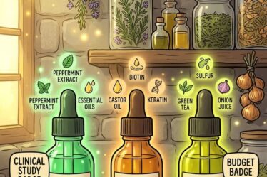Rosemary oil blocks the enzyme that creates DHT — the hormone that causes follicle miniaturization and hair loss. Peppermint oil increases scalp circulation. A clinical trial found rosemary oil produced comparable hair count increases to minoxidil 2 percent at 6 months. Mix 10 drops rosemary and 5 drops peppermint in 2 tablespoons jojoba oil. Apply to scalp every evening. Do not rinse. Full recipe and 2 more DIY serums on the blog.