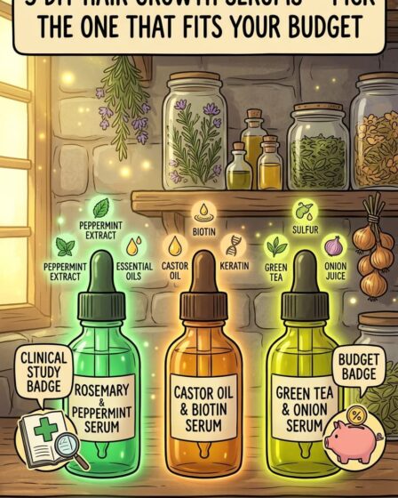 Rosemary oil blocks the enzyme that creates DHT — the hormone that causes follicle miniaturization and hair loss. Peppermint oil increases scalp circulation. A clinical trial found rosemary oil produced comparable hair count increases to minoxidil 2 percent at 6 months. Mix 10 drops rosemary and 5 drops peppermint in 2 tablespoons jojoba oil. Apply to scalp every evening. Do not rinse. Full recipe and 2 more DIY serums on the blog.