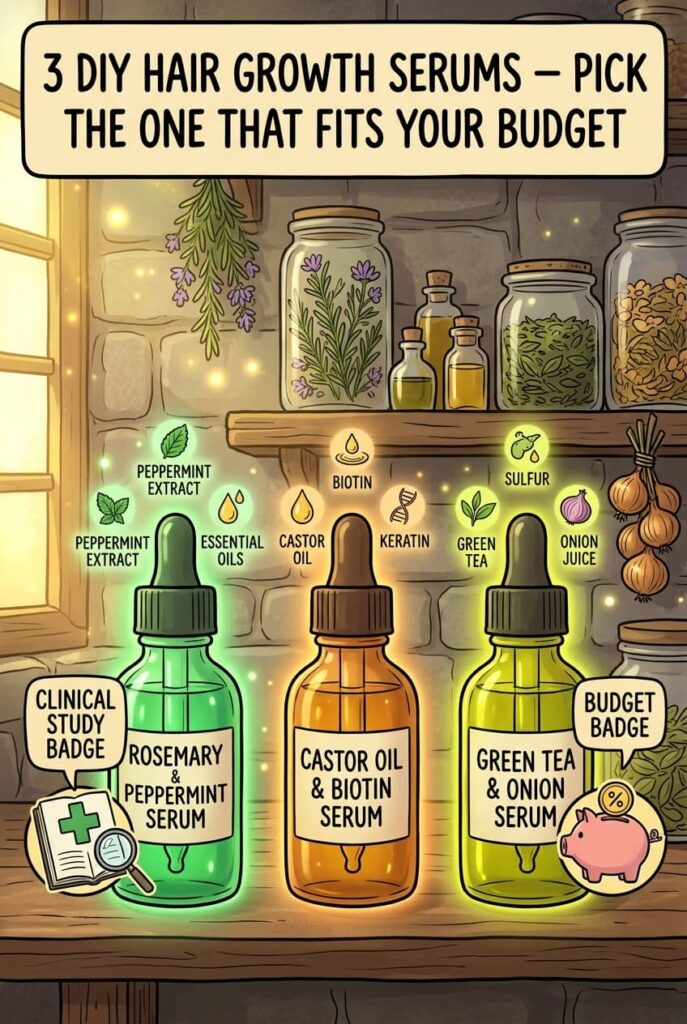 Rosemary oil blocks the enzyme that creates DHT — the hormone that causes follicle miniaturization and hair loss. Peppermint oil increases scalp circulation. A clinical trial found rosemary oil produced comparable hair count increases to minoxidil 2 percent at 6 months. Mix 10 drops rosemary and 5 drops peppermint in 2 tablespoons jojoba oil. Apply to scalp every evening. Do not rinse. Full recipe and 2 more DIY serums on the blog.