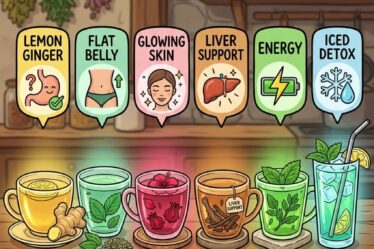 Six homemade detox tea recipes each targeting a different goal: lemon ginger for morning detox, peppermint and fennel for flat belly after meals, hibiscus and turmeric for glowing skin, milk thistle and dandelion root for liver support, spearmint and ashwagandha for energy without caffeine crash, and an iced green tea version for daily hydration. All made with simple grocery store ingredients. Full recipes with steeping times on the blog.