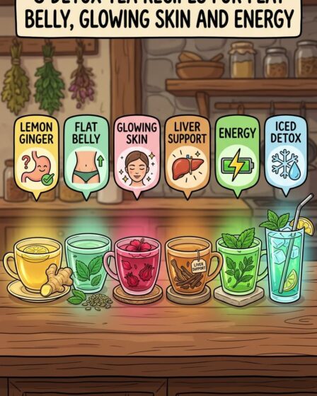 Six homemade detox tea recipes each targeting a different goal: lemon ginger for morning detox, peppermint and fennel for flat belly after meals, hibiscus and turmeric for glowing skin, milk thistle and dandelion root for liver support, spearmint and ashwagandha for energy without caffeine crash, and an iced green tea version for daily hydration. All made with simple grocery store ingredients. Full recipes with steeping times on the blog.