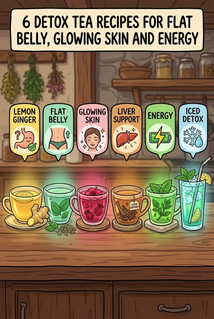 Six homemade detox tea recipes each targeting a different goal: lemon ginger for morning detox, peppermint and fennel for flat belly after meals, hibiscus and turmeric for glowing skin, milk thistle and dandelion root for liver support, spearmint and ashwagandha for energy without caffeine crash, and an iced green tea version for daily hydration. All made with simple grocery store ingredients. Full recipes with steeping times on the blog.