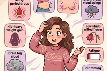 Estrogen dominance is not always about estrogen being too high. It is often about estrogen being high relative to progesterone — because progesterone is low from chronic stress, or because the liver is not clearing estrogen efficiently, or because gut bacteria are reabsorbing it. Heavy periods, bloating, breast tenderness, mood swings, hip weight gain, fatigue, and brain fog together as a pattern — this is estrogen dominance. Full breakdown of all 12 symptoms and 5 root causes on the blog.