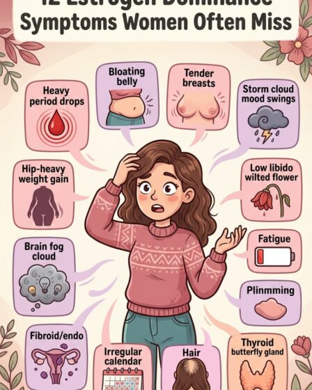 Estrogen dominance is not always about estrogen being too high. It is often about estrogen being high relative to progesterone — because progesterone is low from chronic stress, or because the liver is not clearing estrogen efficiently, or because gut bacteria are reabsorbing it. Heavy periods, bloating, breast tenderness, mood swings, hip weight gain, fatigue, and brain fog together as a pattern — this is estrogen dominance. Full breakdown of all 12 symptoms and 5 root causes on the blog.