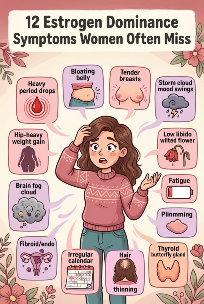 Estrogen dominance is not always about estrogen being too high. It is often about estrogen being high relative to progesterone — because progesterone is low from chronic stress, or because the liver is not clearing estrogen efficiently, or because gut bacteria are reabsorbing it. Heavy periods, bloating, breast tenderness, mood swings, hip weight gain, fatigue, and brain fog together as a pattern — this is estrogen dominance. Full breakdown of all 12 symptoms and 5 root causes on the blog.
