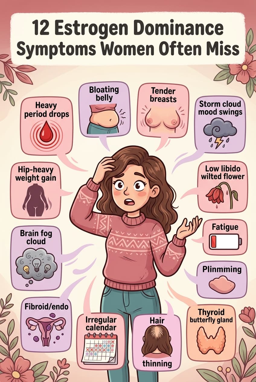 Estrogen dominance is not always about estrogen being too high. It is often about estrogen being high relative to progesterone — because progesterone is low from chronic stress, or because the liver is not clearing estrogen efficiently, or because gut bacteria are reabsorbing it. Heavy periods, bloating, breast tenderness, mood swings, hip weight gain, fatigue, and brain fog together as a pattern — this is estrogen dominance. Full breakdown of all 12 symptoms and 5 root causes on the blog.