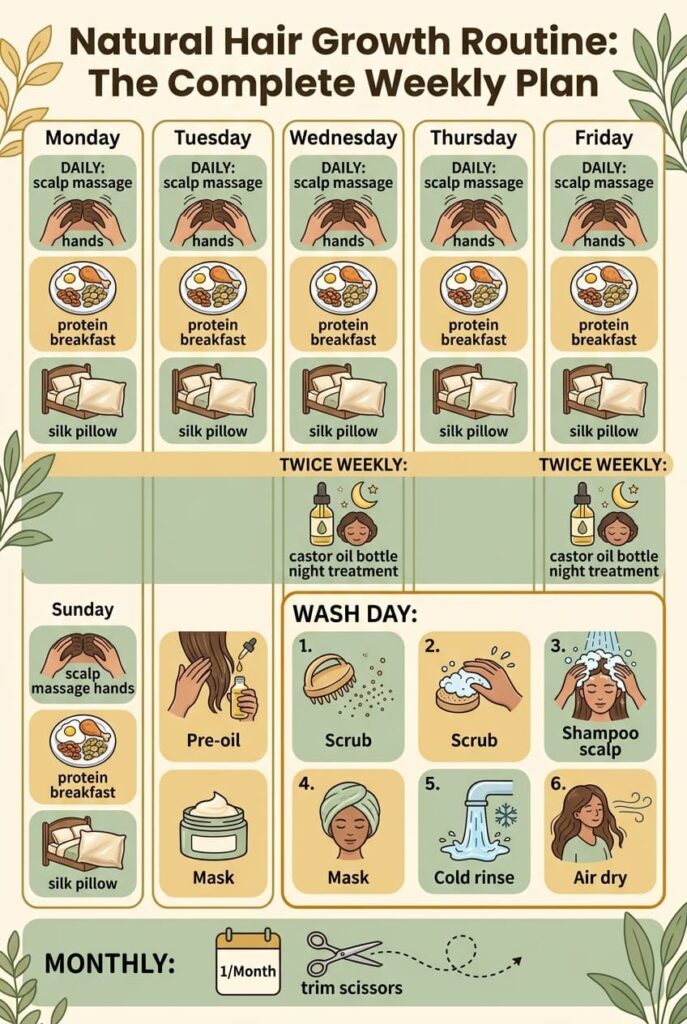 Daily scalp massage 4 minutes, protein breakfast, silk pillowcase. Castor oil scalp treatment 2 nights per week. Wash day: pre-oil treatment, scalp scrub, sulfate-free shampoo on scalp only, deep conditioning mask, cold water final rinse. Monthly strategic trim every 10 to 12 weeks. This is the complete natural hair growth routine. Consistent for 12 weeks produces visible length and thickness increase. Full weekly plan on the blog.