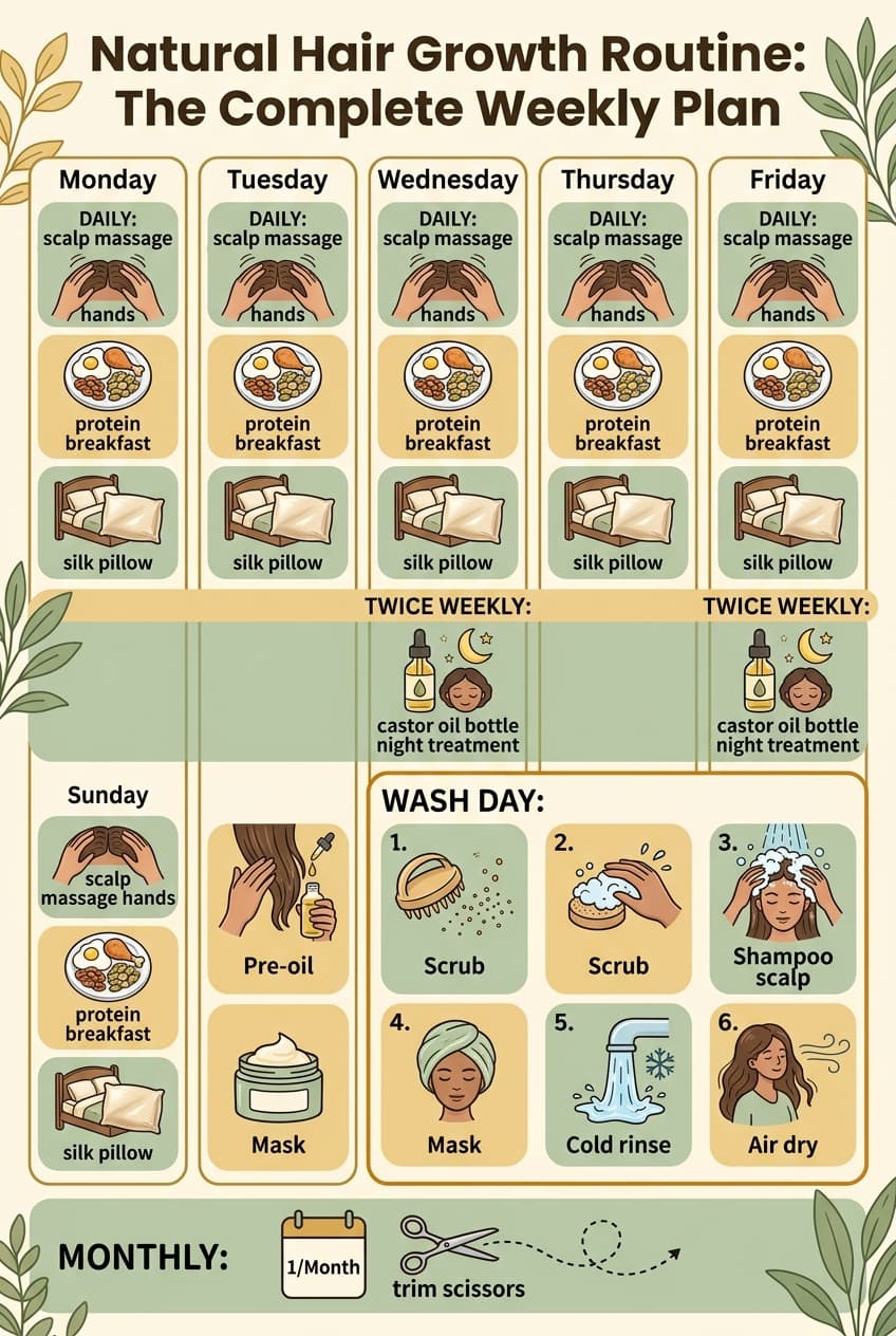 Daily scalp massage 4 minutes, protein breakfast, silk pillowcase. Castor oil scalp treatment 2 nights per week. Wash day: pre-oil treatment, scalp scrub, sulfate-free shampoo on scalp only, deep conditioning mask, cold water final rinse. Monthly strategic trim every 10 to 12 weeks. This is the complete natural hair growth routine. Consistent for 12 weeks produces visible length and thickness increase. Full weekly plan on the blog.