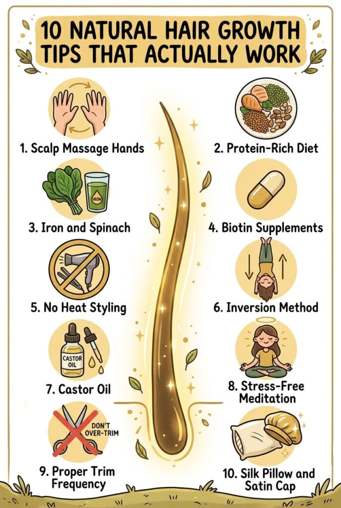 Hair grows half an inch per month on average — but most people grow slower than their genetic potential because of nutrition gaps, scalp neglect, and breakage. Four minutes of daily scalp massage, protein at every meal, castor oil on the scalp 3 nights a week, and a silk pillowcase address the main causes of slow growth. Full guide to all 10 natural hair growth tips on the blog.