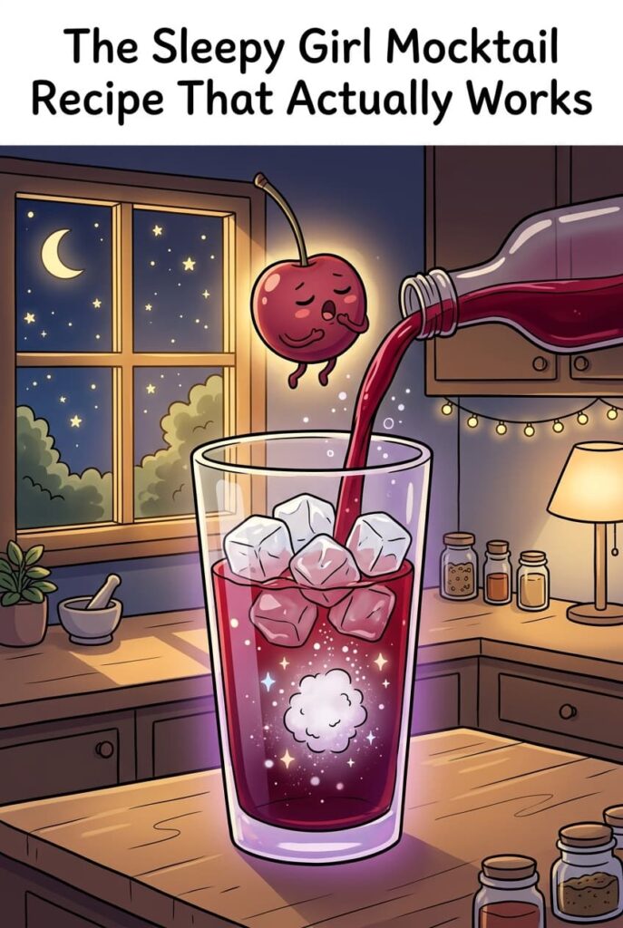 Half a cup of tart cherry juice, one tablespoon of magnesium glycinate powder, half a cup of sparkling water, over ice, 30 to 60 minutes before bed. That is the sleepy girl mocktail. Tart cherry juice contains naturally occurring melatonin and tryptophan. Magnesium glycinate activates the parasympathetic nervous system and regulates GABA. A study found tart cherry juice significantly increased sleep time and efficiency. Full recipe and 4 variations on the blog.