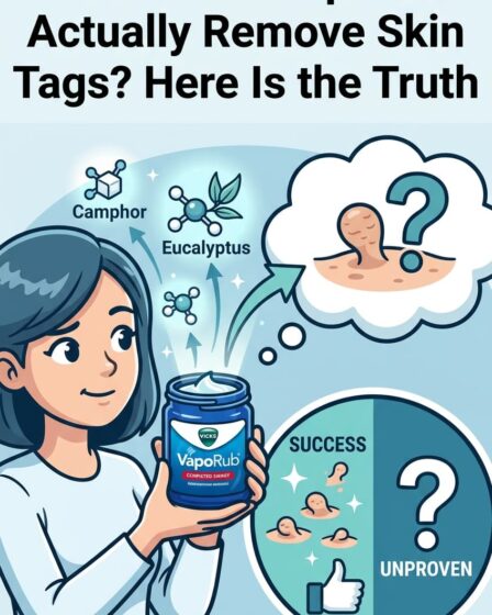 Camphor in Vicks VapoRub has documented tissue-reducing properties. Combined with eucalyptus oil's astringent effects and the occlusive petrolatum base that keeps both compounds in contact with the skin tag overnight, the mechanism is plausible. Apply generously overnight under a bandage nightly for 2 to 3 weeks. Works for some skin tags — does not work for all. Honest comparison with ACV and tea tree oil plus full method guide on the blog.