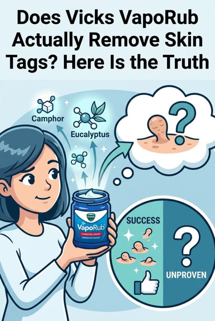 Camphor in Vicks VapoRub has documented tissue-reducing properties. Combined with eucalyptus oil's astringent effects and the occlusive petrolatum base that keeps both compounds in contact with the skin tag overnight, the mechanism is plausible. Apply generously overnight under a bandage nightly for 2 to 3 weeks. Works for some skin tags — does not work for all. Honest comparison with ACV and tea tree oil plus full method guide on the blog.