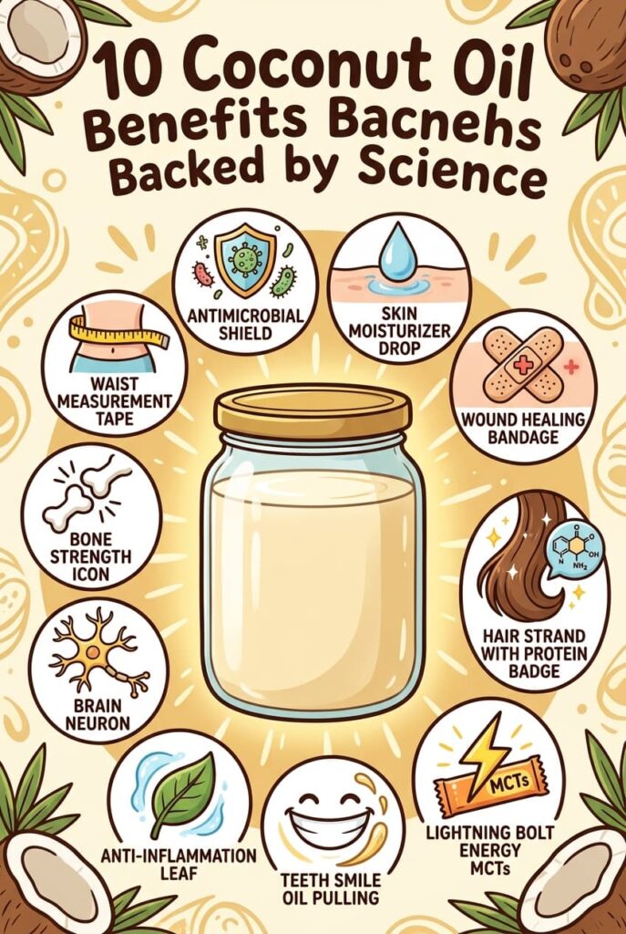Coconut oil is 50 percent lauric acid which converts to monolaurin — a compound with documented antiviral, antibacterial, and antifungal properties. It penetrates the hair shaft to prevent protein loss. It seals the skin barrier as effectively as mineral oil in clinical trials. The MCTs go directly to the liver for rapid energy conversion. These four benefits alone justify keeping it in daily rotation. Full breakdown of all 10 benefits on the blog.
