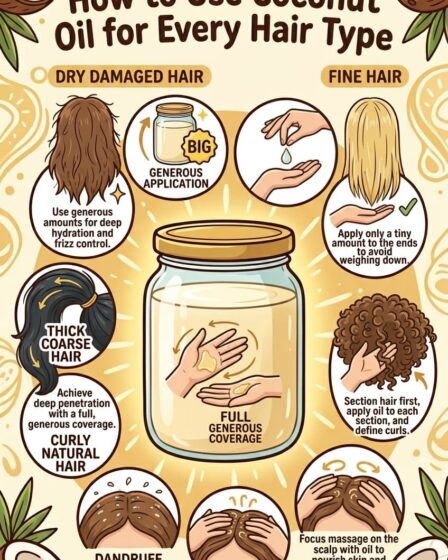 Coconut oil is one of the only plant oils that penetrates the hair shaft rather than coating it. It reduces protein loss in both damaged and undamaged hair in clinical studies. The key is applying it to dry hair before washing — not wet hair. Apply 30 minutes to overnight before shampooing. Fine hair uses a pea-sized amount on ends only. Thick or curly hair can use it generously on scalp and all lengths. Full hair type guide on the blog