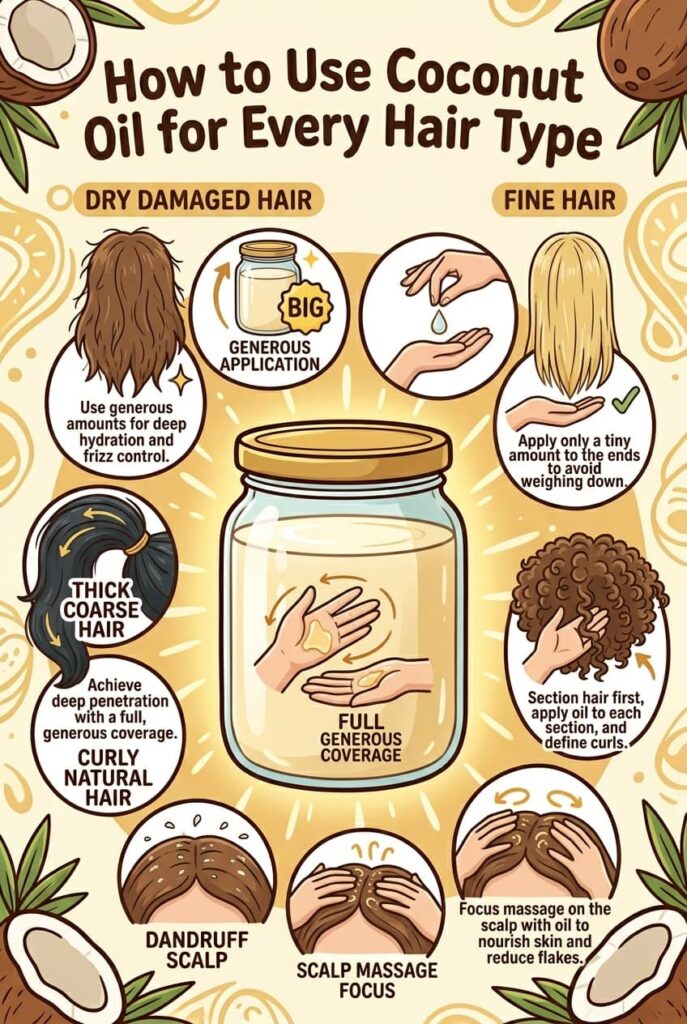 Coconut oil is one of the only plant oils that penetrates the hair shaft rather than coating it. It reduces protein loss in both damaged and undamaged hair in clinical studies. The key is applying it to dry hair before washing — not wet hair. Apply 30 minutes to overnight before shampooing. Fine hair uses a pea-sized amount on ends only. Thick or curly hair can use it generously on scalp and all lengths. Full hair type guide on the blog