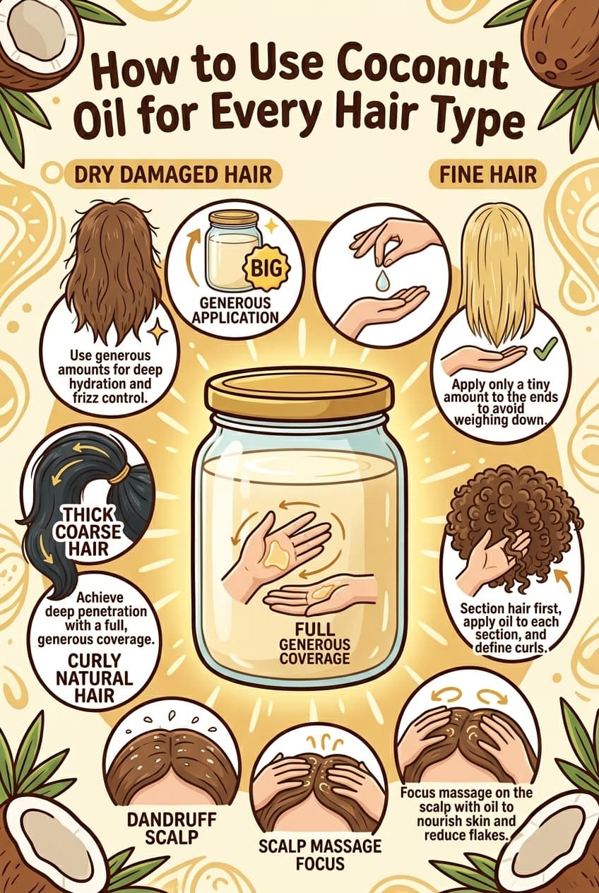 Coconut oil is one of the only plant oils that penetrates the hair shaft rather than coating it. It reduces protein loss in both damaged and undamaged hair in clinical studies. The key is applying it to dry hair before washing — not wet hair. Apply 30 minutes to overnight before shampooing. Fine hair uses a pea-sized amount on ends only. Thick or curly hair can use it generously on scalp and all lengths. Full hair type guide on the blog
