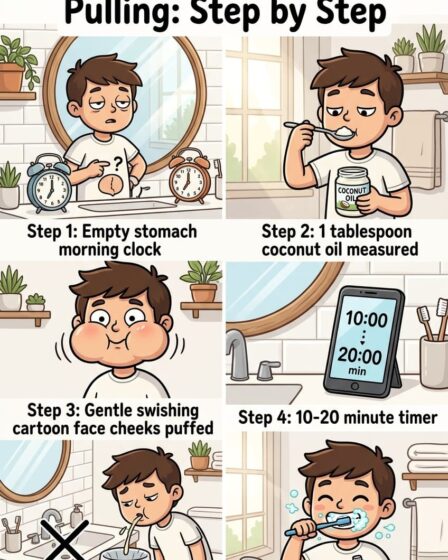 One tablespoon of coconut oil in your mouth before eating, brushing, or drinking anything. Swish gently for 10 minutes. Spit into the trash. Rinse. Brush normally. That is the complete coconut oil pulling method. Clinical trials found it reduces plaque and gum inflammation comparably to chlorhexidine mouthwash. Full step-by-step guide with timing and what to expect on the blog.