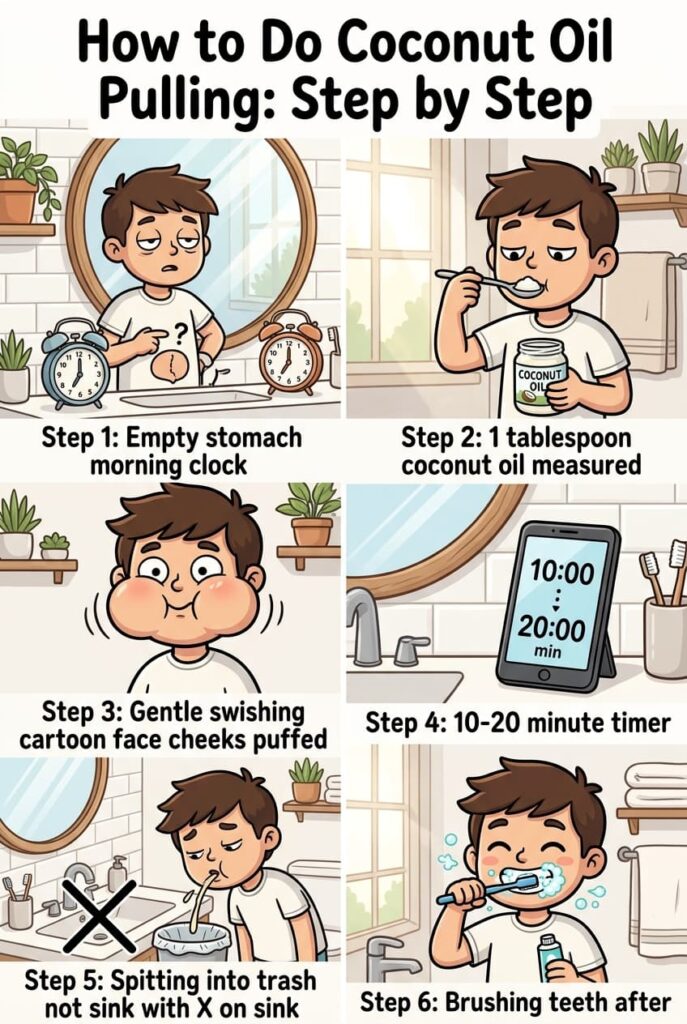 One tablespoon of coconut oil in your mouth before eating, brushing, or drinking anything. Swish gently for 10 minutes. Spit into the trash. Rinse. Brush normally. That is the complete coconut oil pulling method. Clinical trials found it reduces plaque and gum inflammation comparably to chlorhexidine mouthwash. Full step-by-step guide with timing and what to expect on the blog.